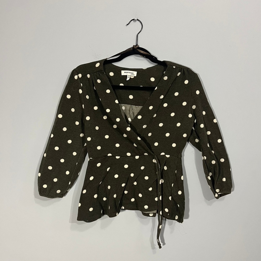 Monteau Los Angeles Olive Green Polka Dot Wrap Peplum Top Large